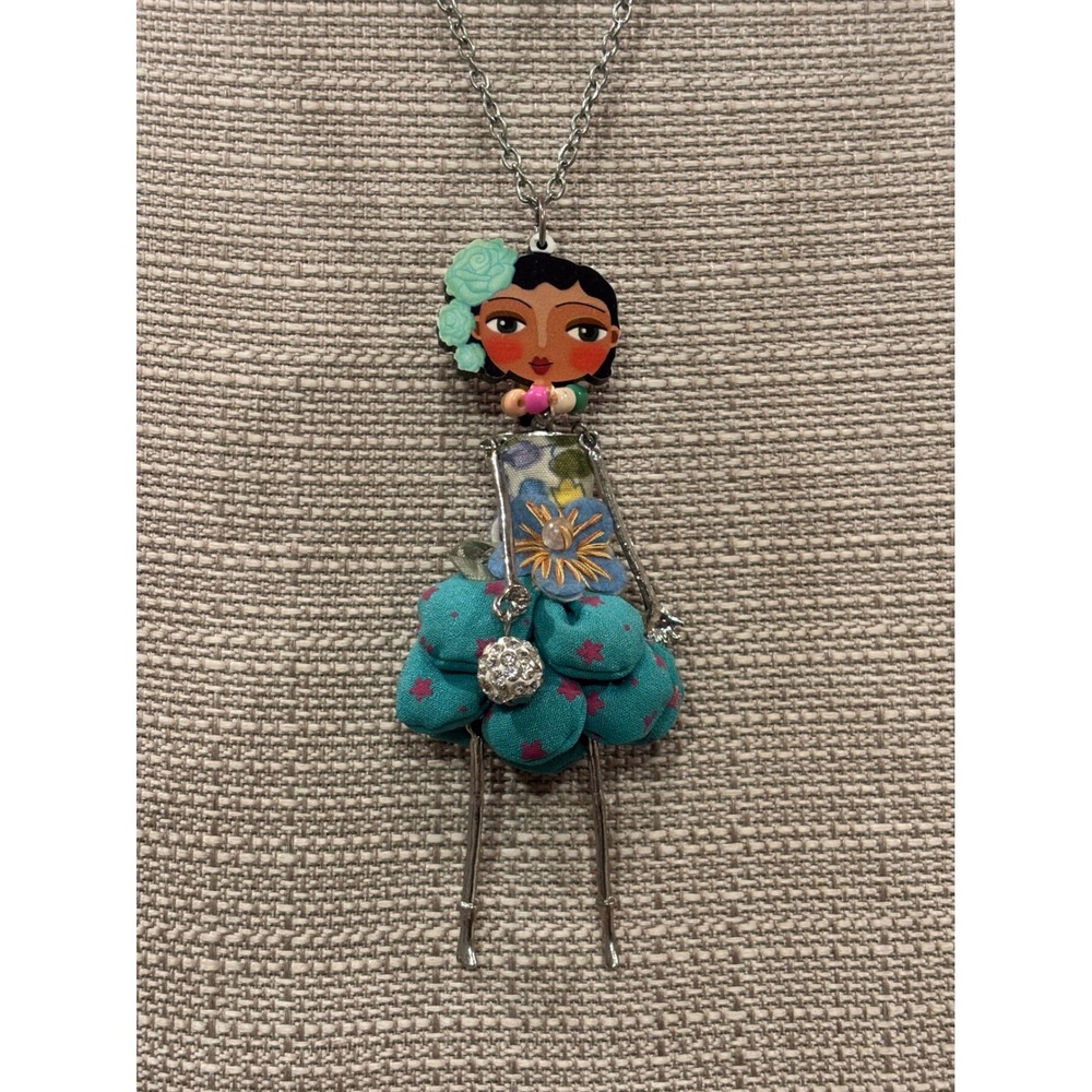 Frida Kahlo Inspired Doll Pendant Necklace Long Silver Tone Mixed Media Folk Art